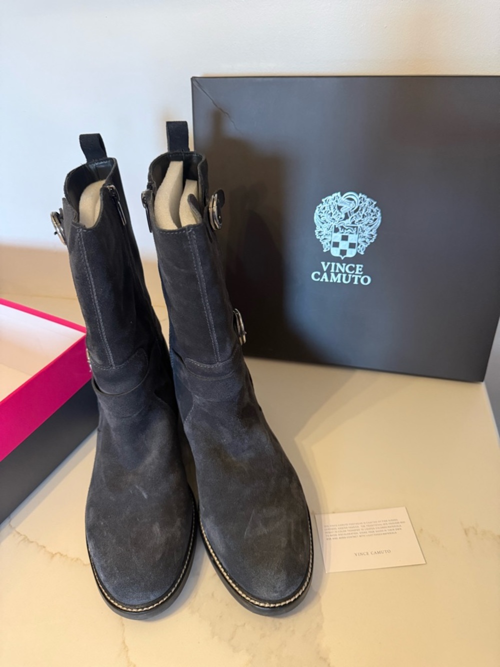 Vince Camuto Black Suede Buckle Lug Boots - Picture 2 of 7